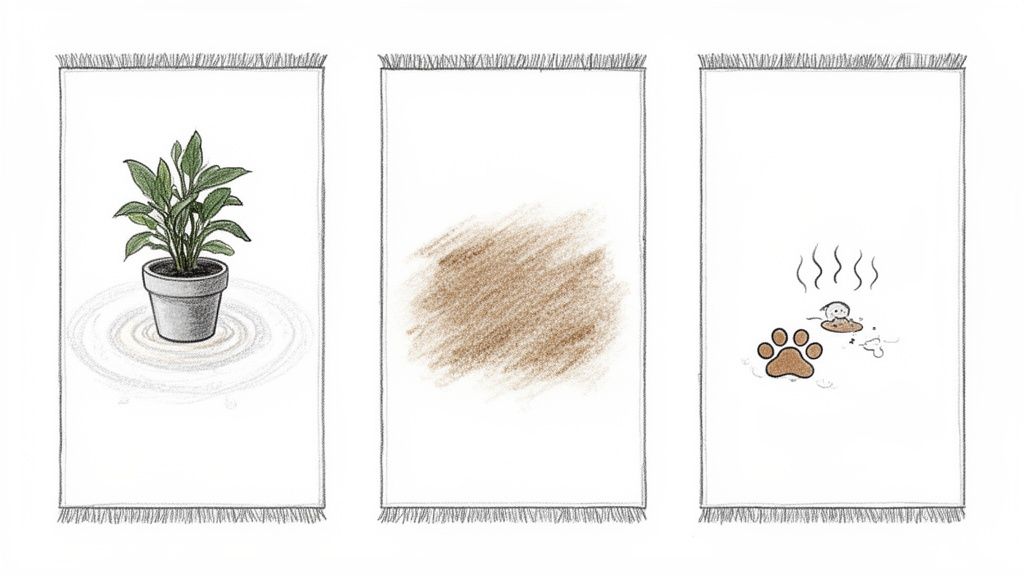 Three white rugs illustrate common household stains: a plant water ring, a dirt smudge, and a pet accident.