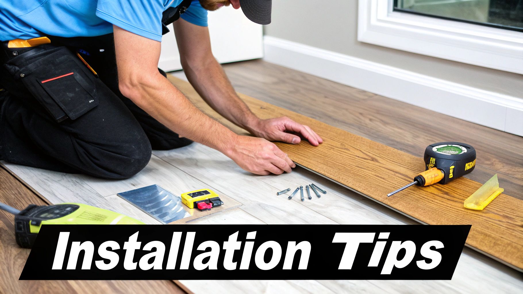 A man kneels on a light-colored floor, installing wood-look planks with various tools.