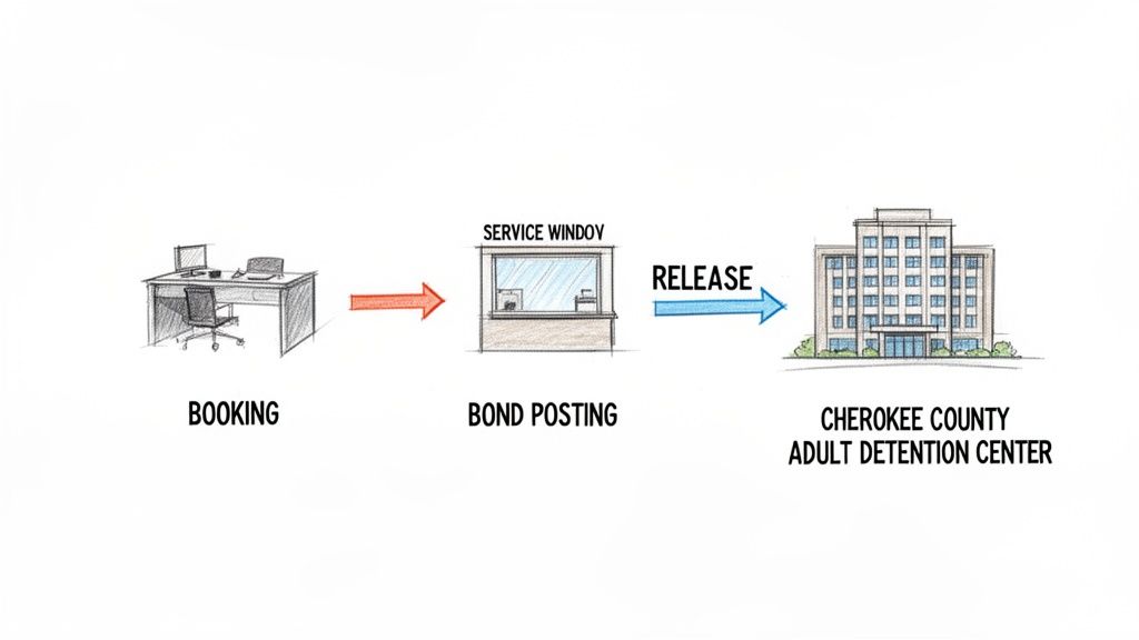 Flowchart illustrating the process of booking, bond posting, and release from a detention center.