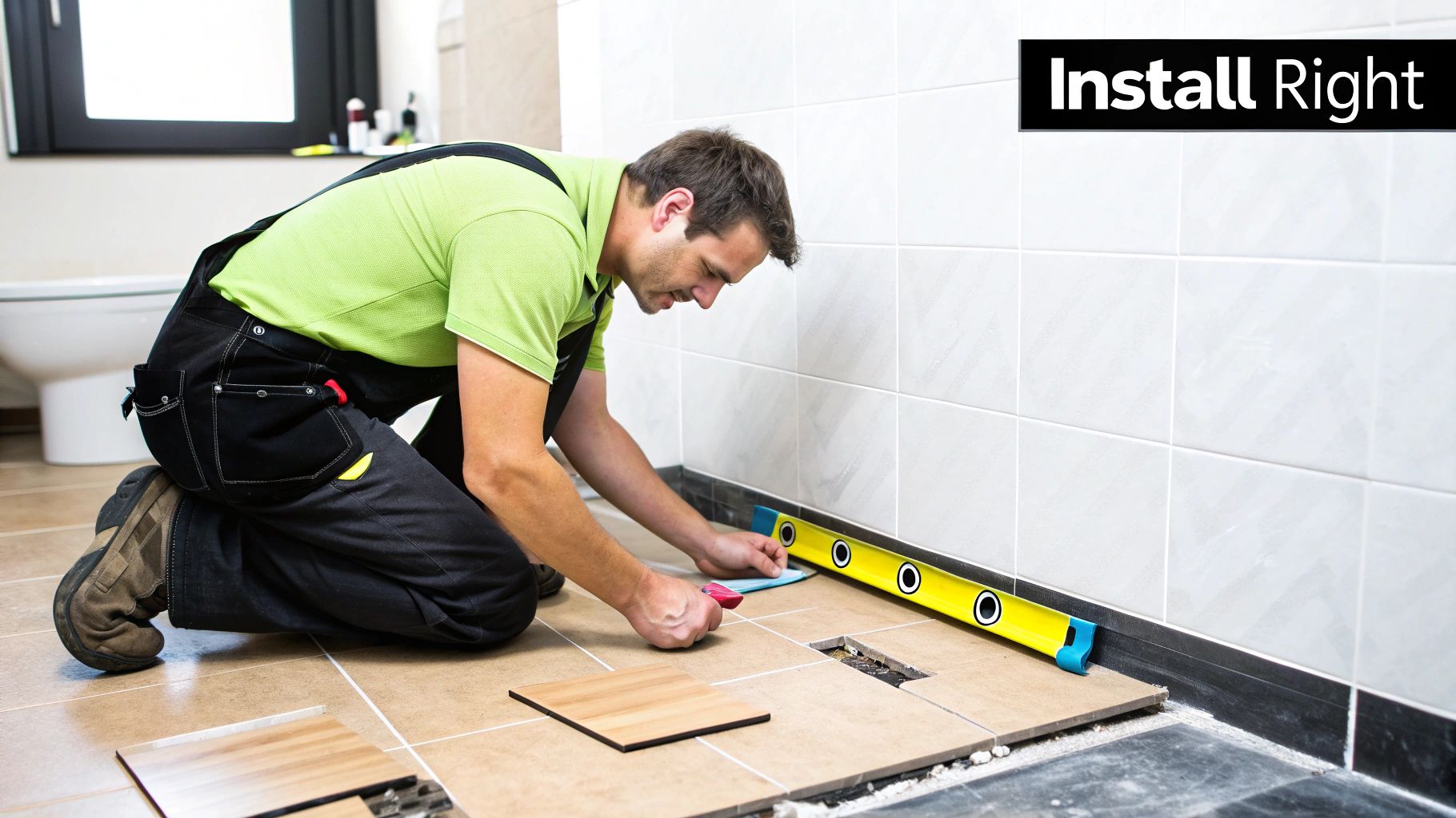 Man installing flooring in a small bathroom