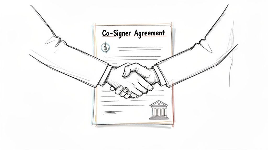 Two hands shaking over a 'Co-Signer Agreement' document, symbolizing a financial agreement or partnership.