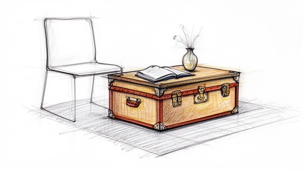 Detailed sketch of a vintage trunk coffee table with a book and vase, beside a modern chair.