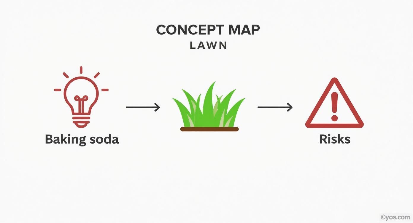Concept map showing baking soda application on lawn leading to potential risks and problems