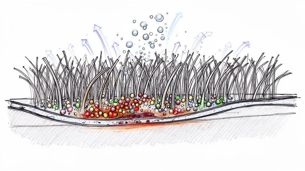 Cross-section illustration of a rug's fibers, colorful cleaning particles, embedded dirt, and rising air bubbles.