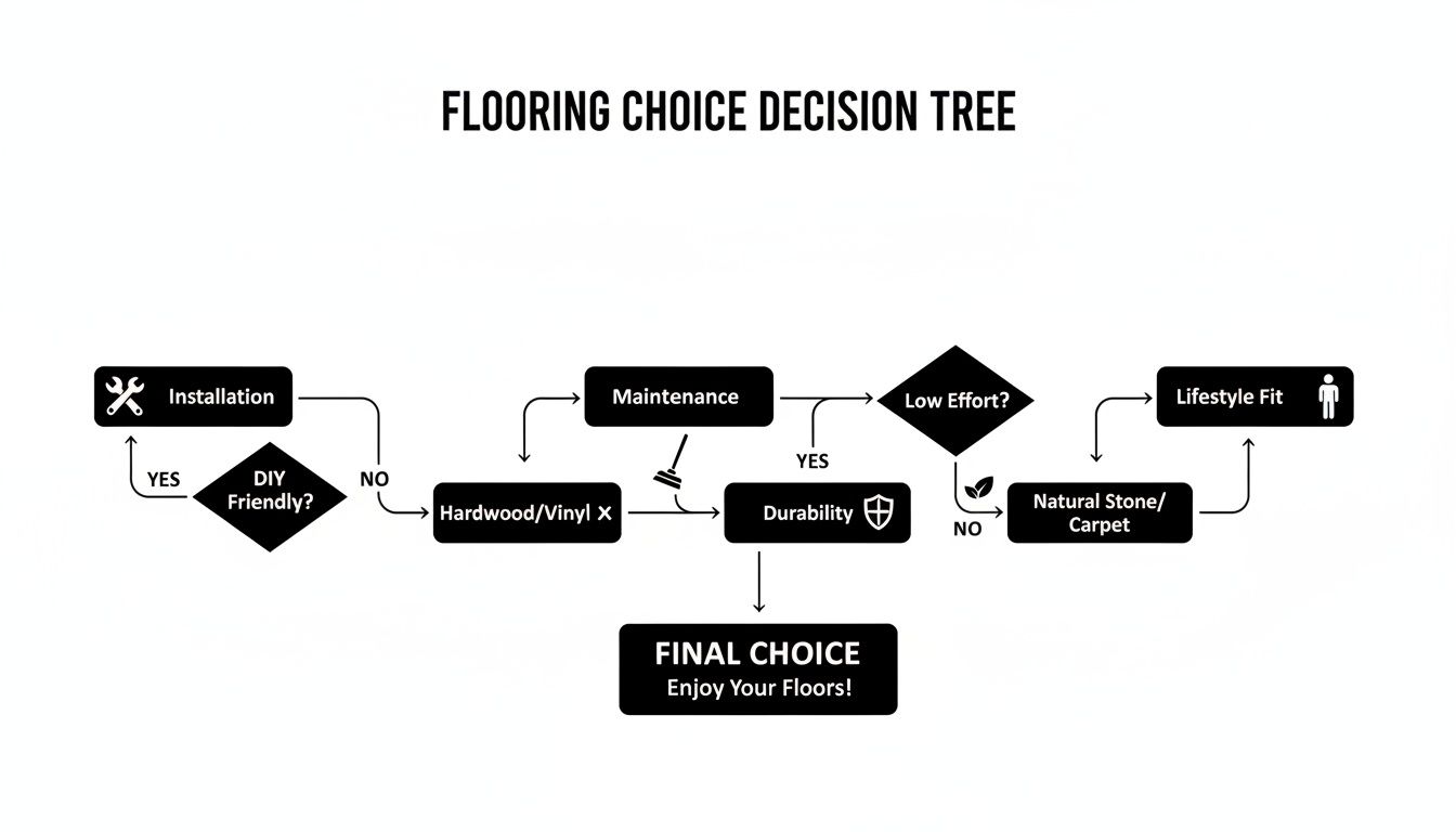 A flowchart titled 'Flooring Choice Decision Tree' guiding users through choices based on DIY, maintenance, durability, and lifestyle fit.