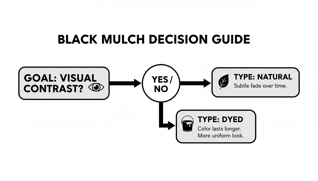 Decision guide for black mulch, considering visual contrast for natural or dyed options.