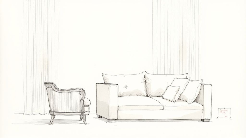 A bright and airy living room featuring custom seersucker drapery that softly filters the light.