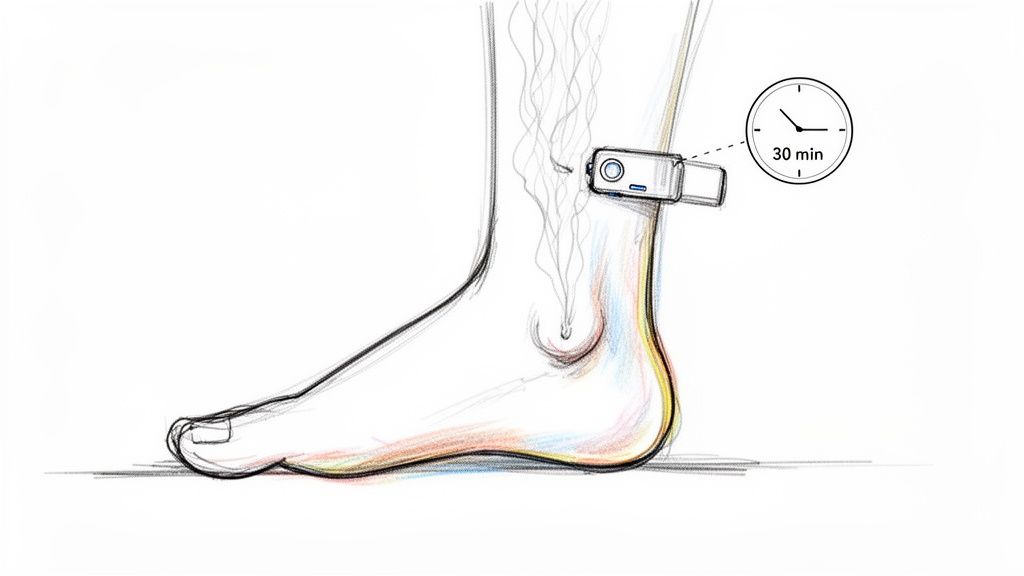 An illustration of an ankle wearing an alcohol monitor, indicating a 30-minute measurement period.