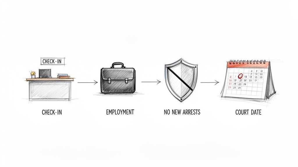 A flowchart showing the pretrial release process: check-in, employment, no new arrests, and court date.