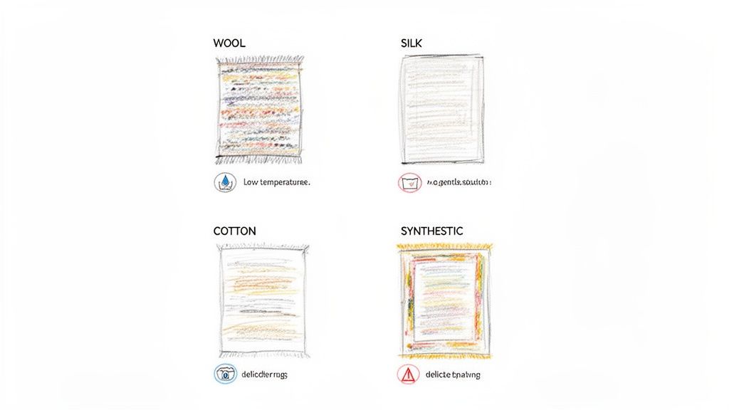 Illustrates rug care instructions for wool, silk, cotton, and synthetic materials with specific cleaning symbols.