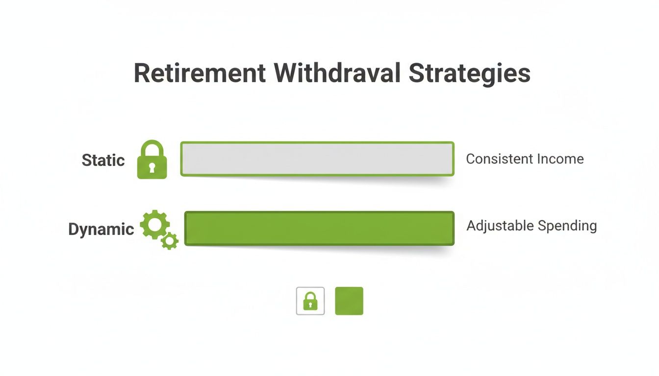 Infographic comparing static (consistent income) and dynamic (adjustable spending) retirement withdrawal strategies.
