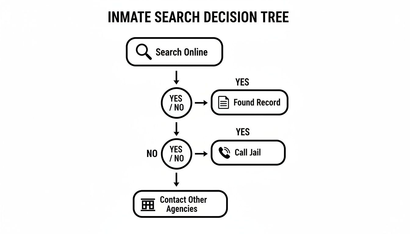 A decision tree flowchart for an inmate search, guiding users from online search to contacting agencies.