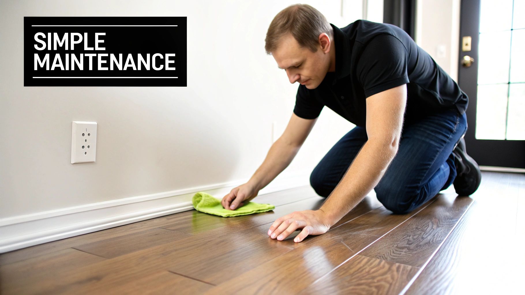 A contractor installing engineered hardwood planks on a prepared basement subfloor.