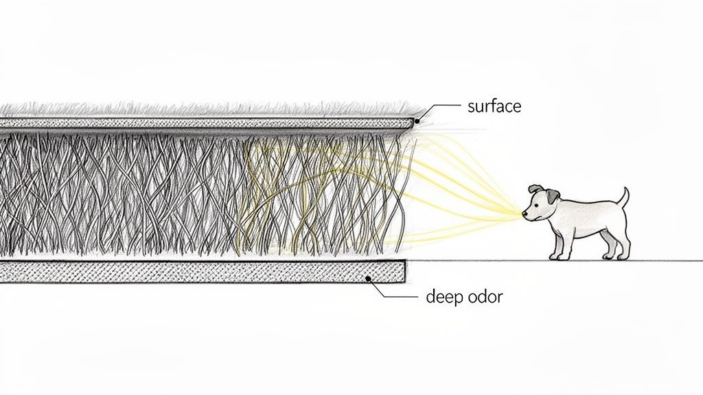 A dog detects surface and deep odors in carpet fibers, illustrated with yellow scent lines.