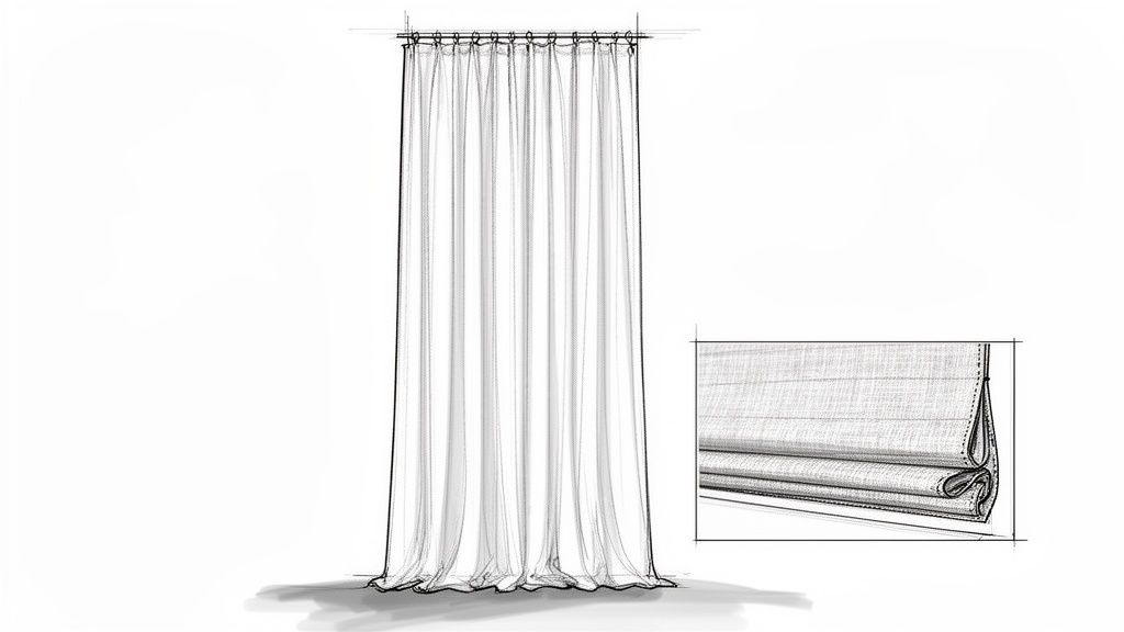 A sketch showing a full-length curtain hanging and a detailed close-up of a folded roman blind.