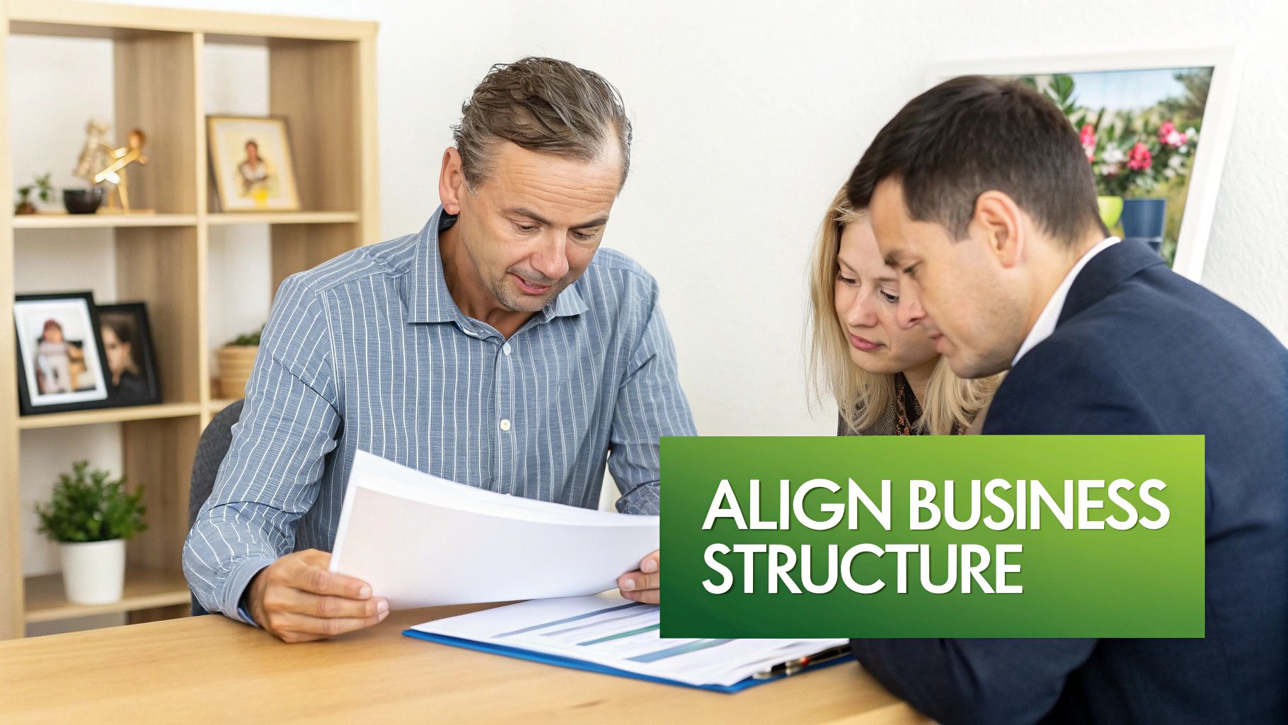 A male consultant reviews documents and discusses business strategies with a couple at a desk.