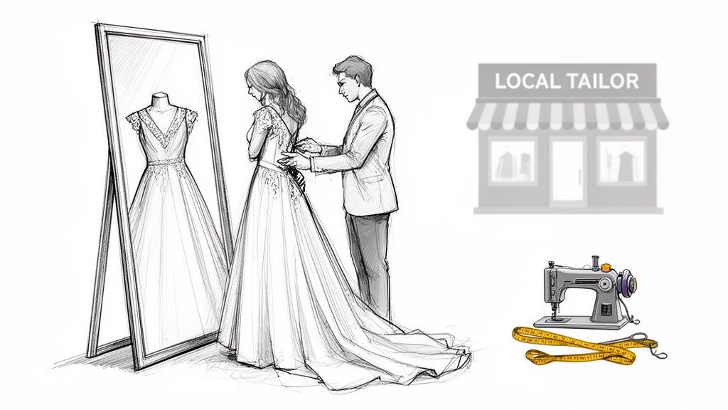 A woman in a wedding dress is fitted by a tailor, with a sewing machine and tailor shop nearby.