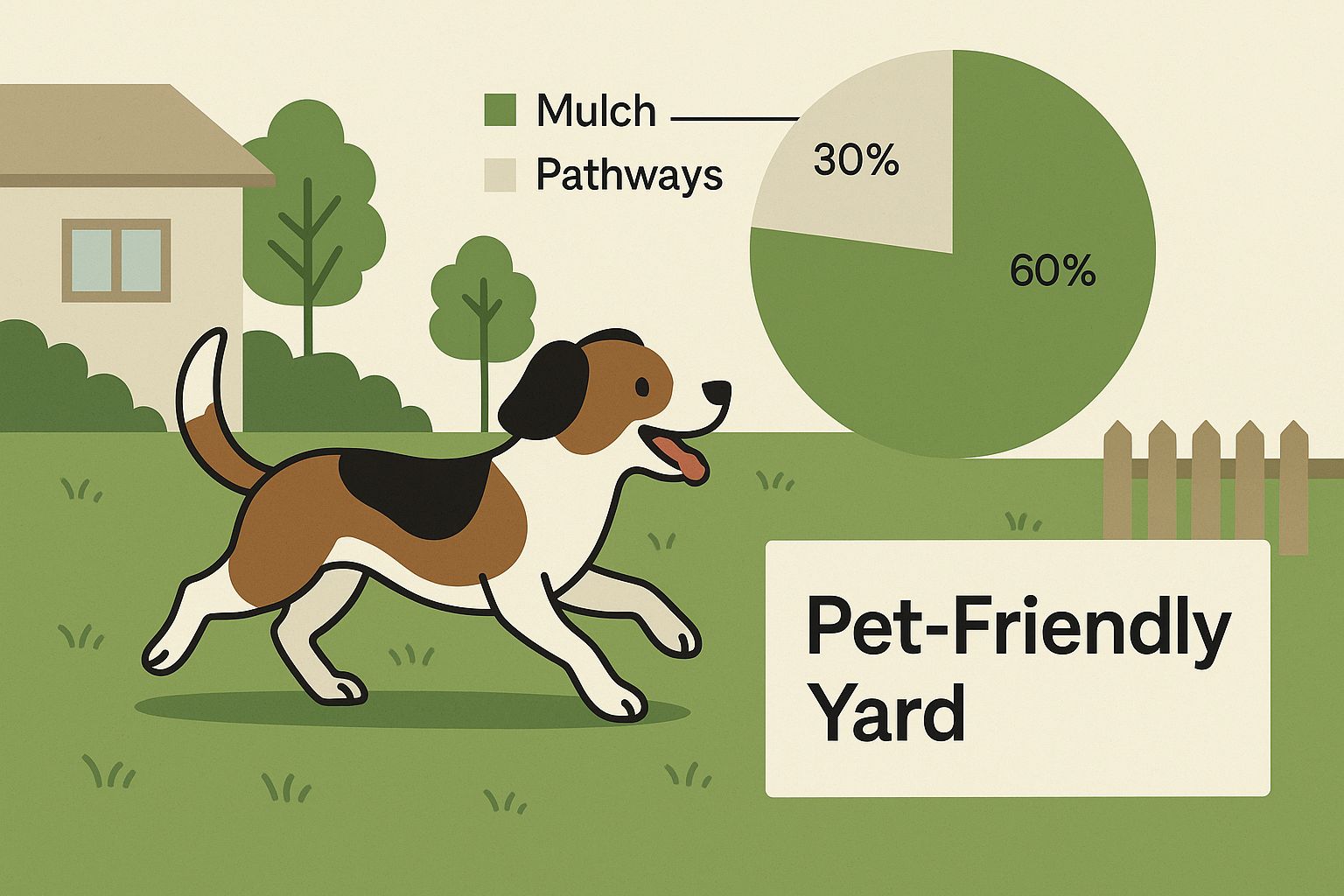 A playful dog running on a vibrant green lawn with the words 'Pet-Friendly Yard' in the corner
