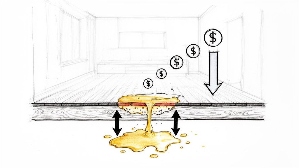 Illustration of liquid damage, resembling urine, seeping through a wooden floor, symbolizing rising financial costs.
