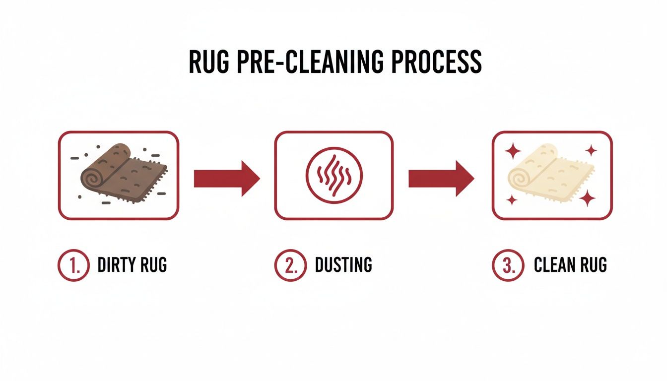 A visual guide illustrating the rug pre-cleaning process with three steps: dirty rug, dusting, and clean rug.