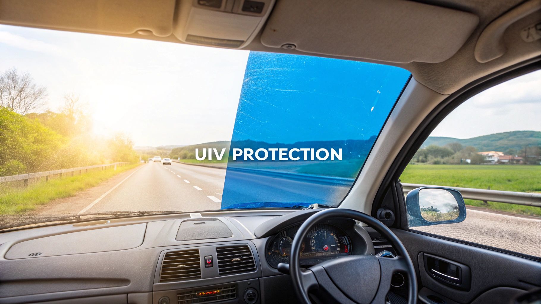 Car windshield split with bright sunlight and blue UIV protection, demonstrating the benefits of car window tinting.