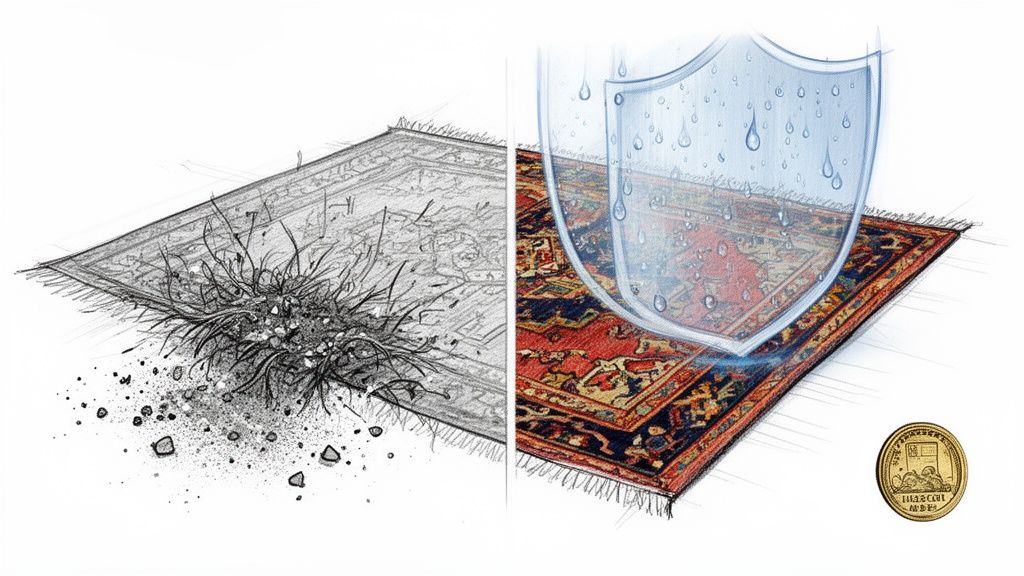 Illustration contrasting a dirty, dusty rug with a clean, water-protected, vibrant oriental rug.