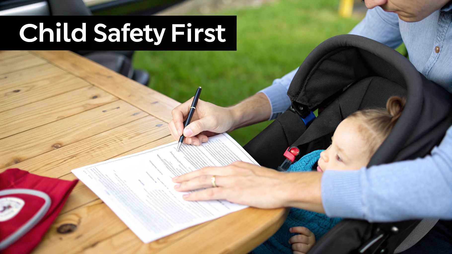 A man signing documents at a wooden table with a baby in a car seat, emphasizing child safety.