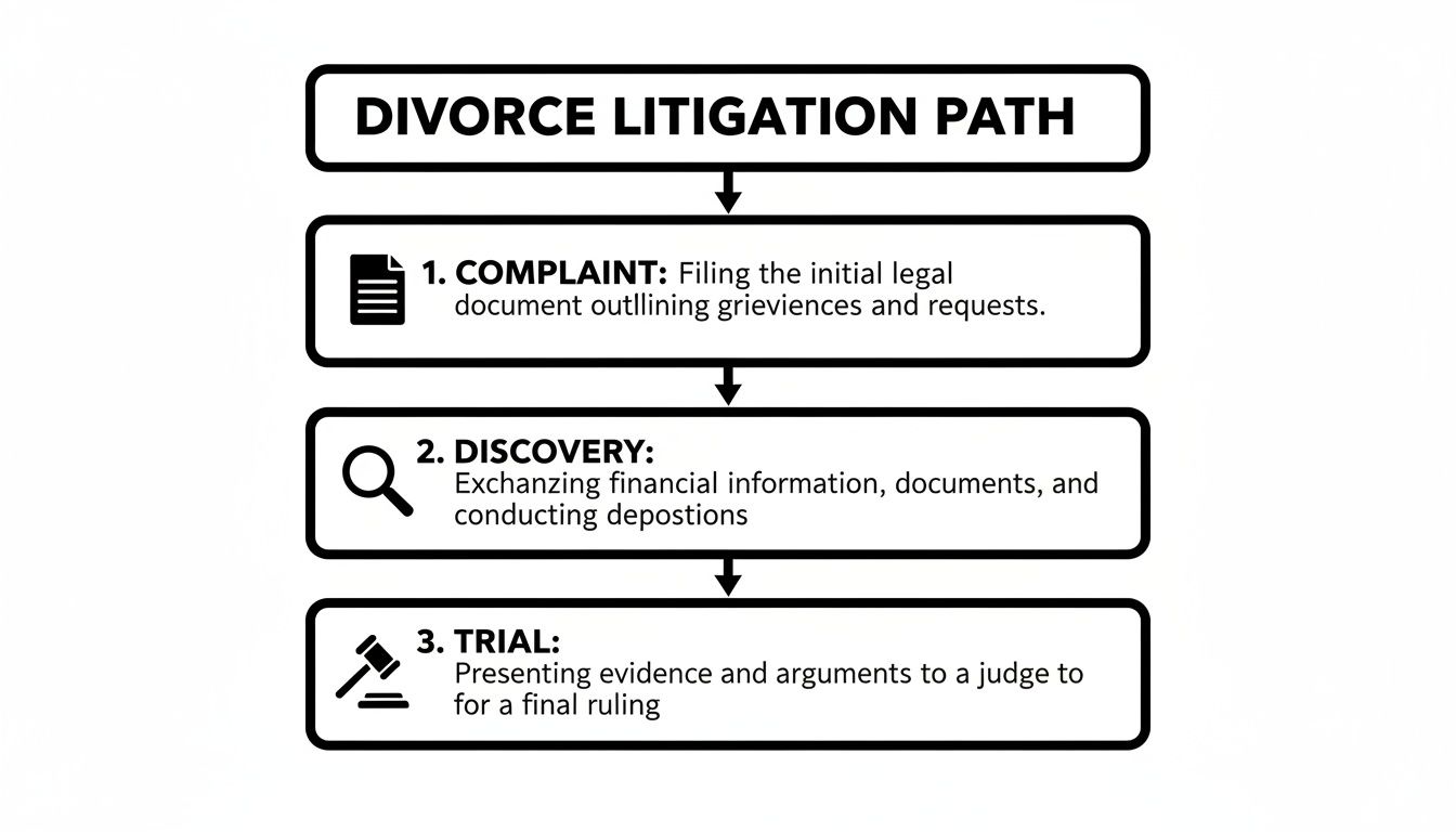 Flowchart illustrating the three-step divorce litigation path: Complaint, Discovery, and Trial, with icons.