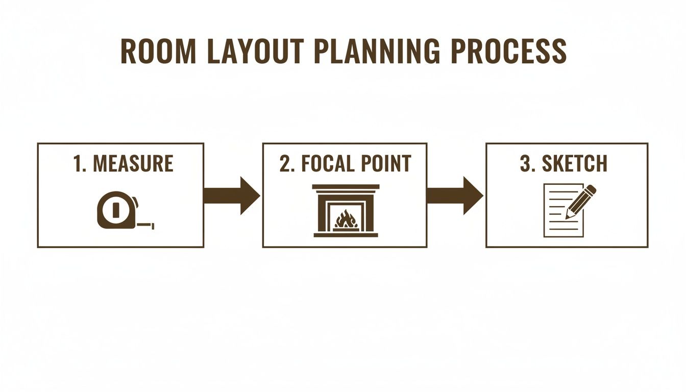 A flowchart illustrating the room layout planning process with steps: measure, focal point, and sketch.