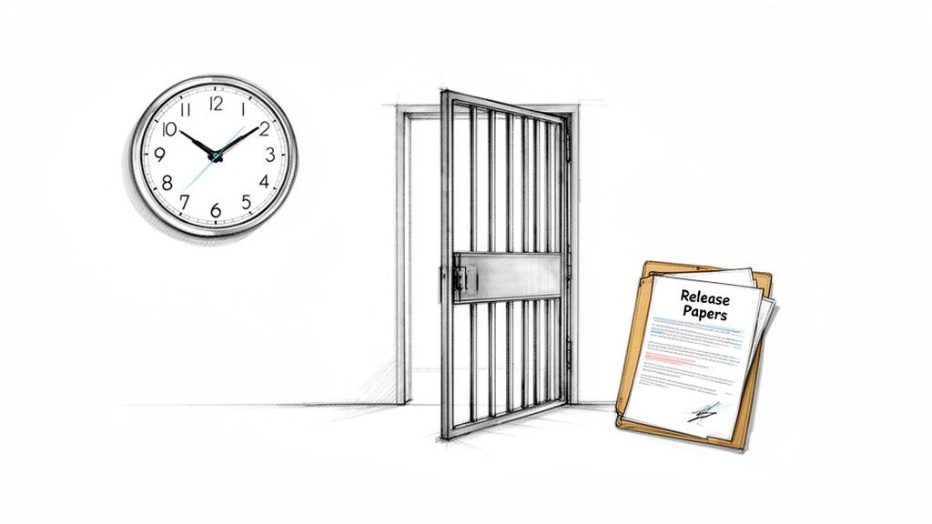 A wall clock, an open prison cell door, and release papers in a folder.