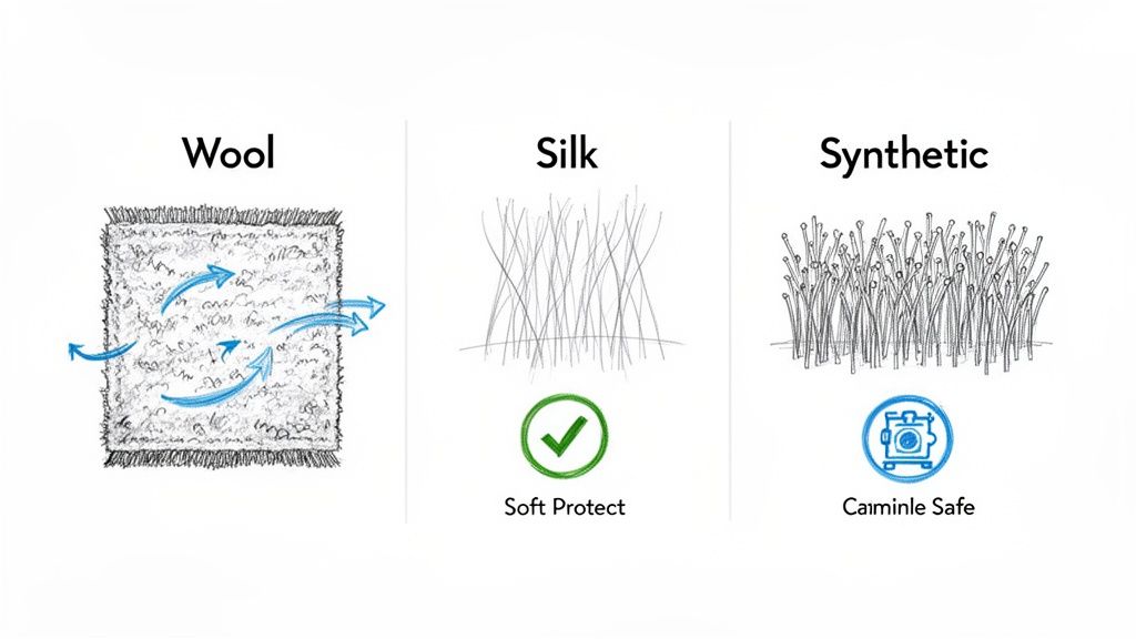 Diagram showing characteristics of wool, silk, and synthetic carpet materials, highlighting breathability, softness, and safety.