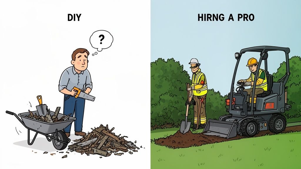 Cartoon comparing DIY debris removal with a confused man to professional workers efficiently digging with an excavator.