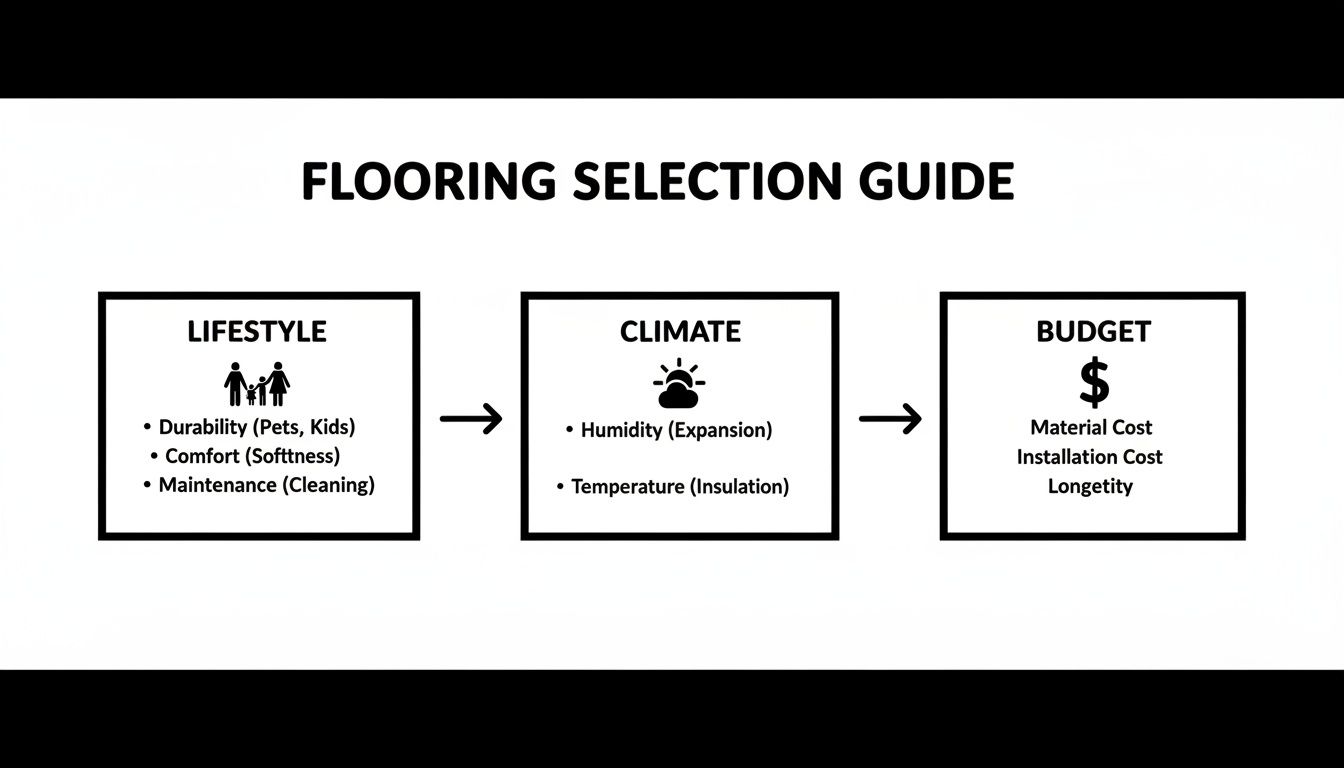 A flooring selection guide illustrating lifestyle, climate, and budget considerations for choosing floors.