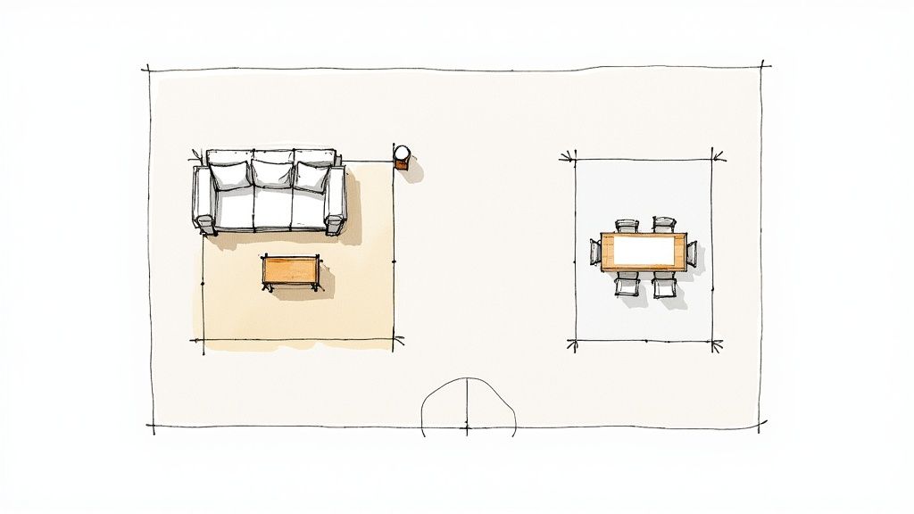 Top-down sketch showing an open-plan living and dining room layout with furniture arrangement.