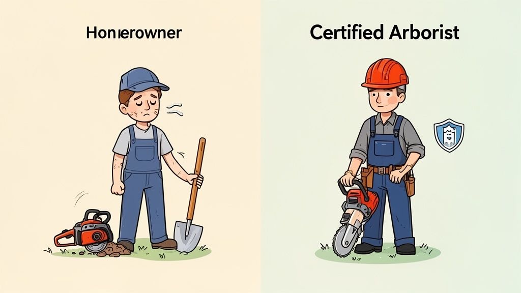 A cartoon contrasting a struggling homeowner with a shovel and chainsaw with a confident, professional certified arborist.