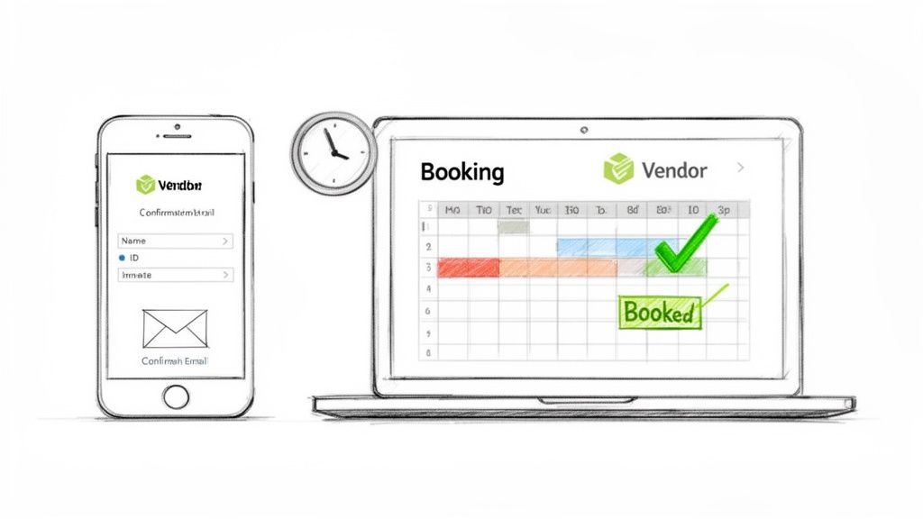 A sketch of a mobile phone and laptop illustrating an online booking system for vendor services, showing successful confirmation.
