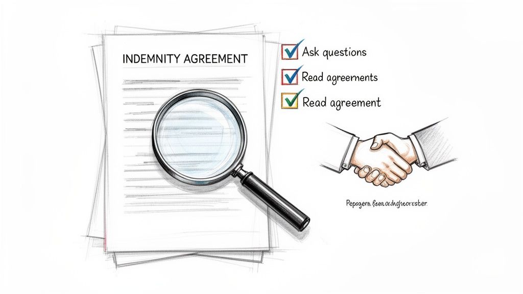 A magnifying glass on an indemnity agreement document next to a checklist and a handshake, symbolizing careful review.