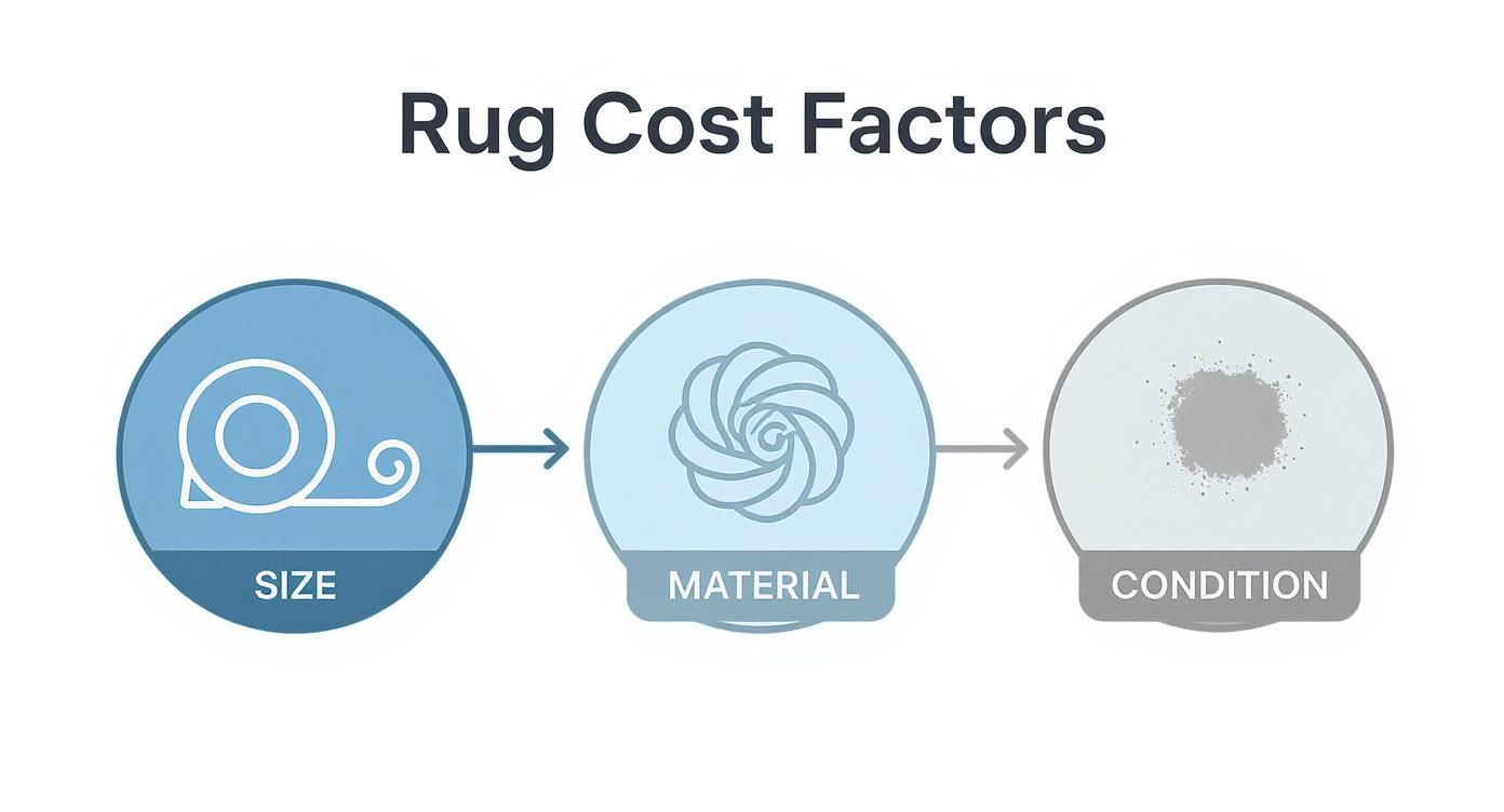 An infographic illustrating rug cost factors including size, material, and condition with connecting arrows.