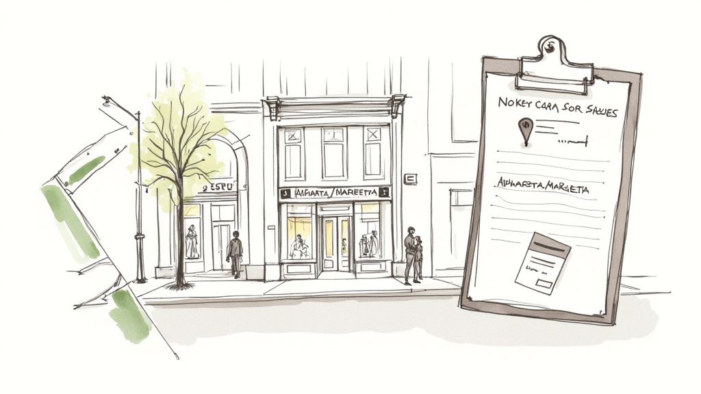Woman looking at designer clothes on a rack in a consignment store.