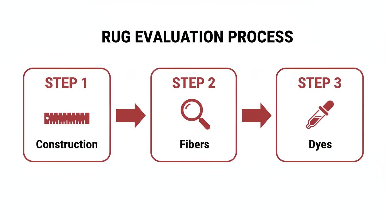 A flowchart illustrates the rug evaluation process with three steps: construction, fibers, and dyes.