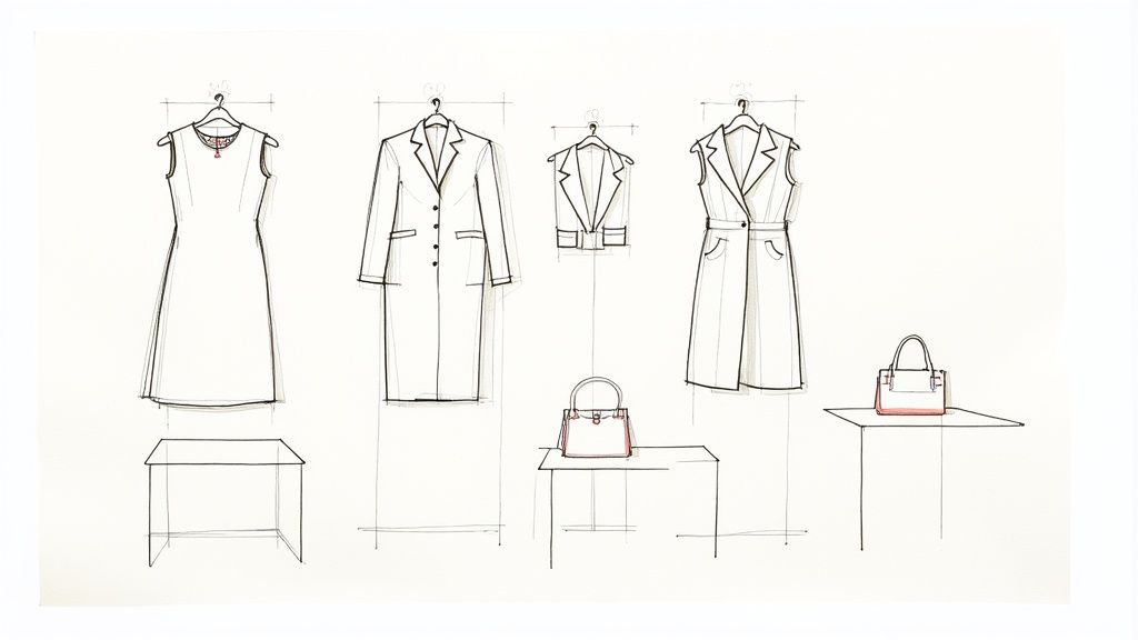 A line drawing illustration featuring various fashion garments and accessories like dresses, coats, and handbags.