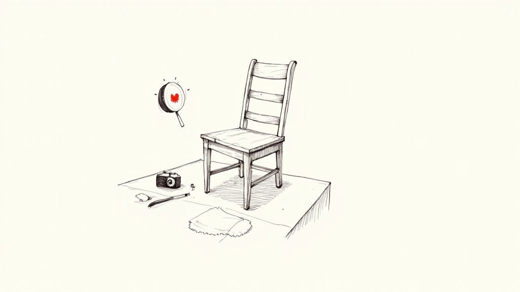 A minimalist sketch of a wooden chair on a platform with camera, pen, eraser, and magnifying glass revealing a red heart.