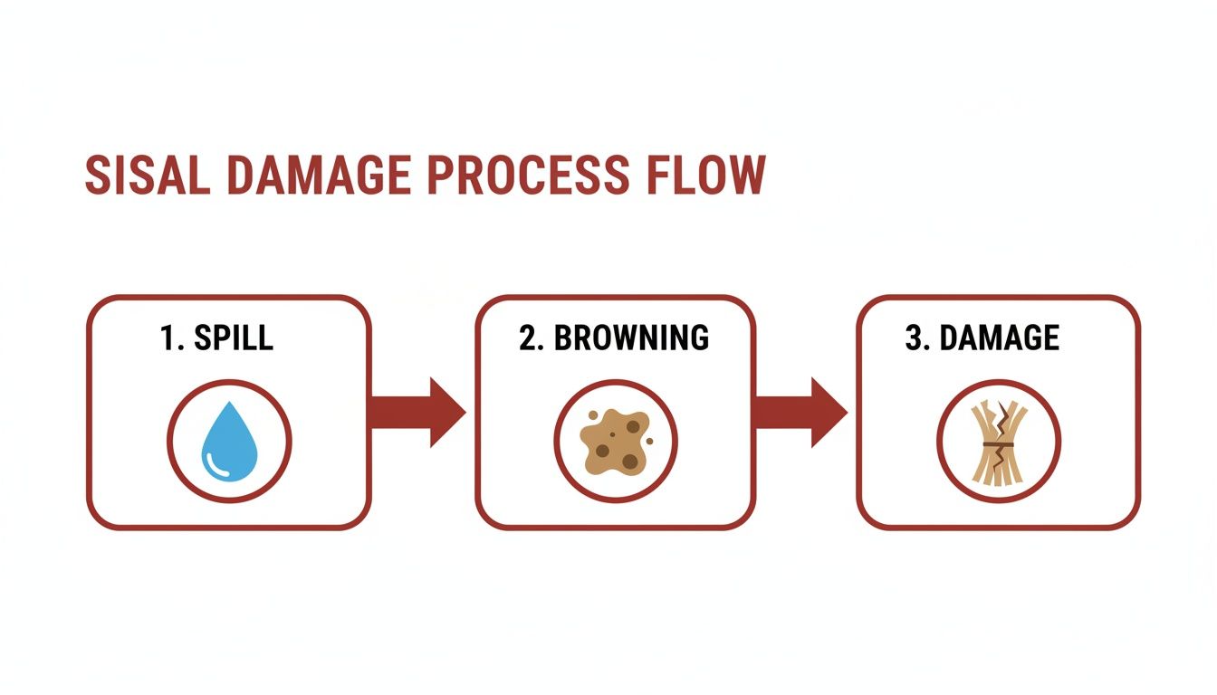 A flowchart illustrates the sisal damage process: 1. Spill (water drop), 2. Browning (brown spots), 3. Damage (broken fibers).
