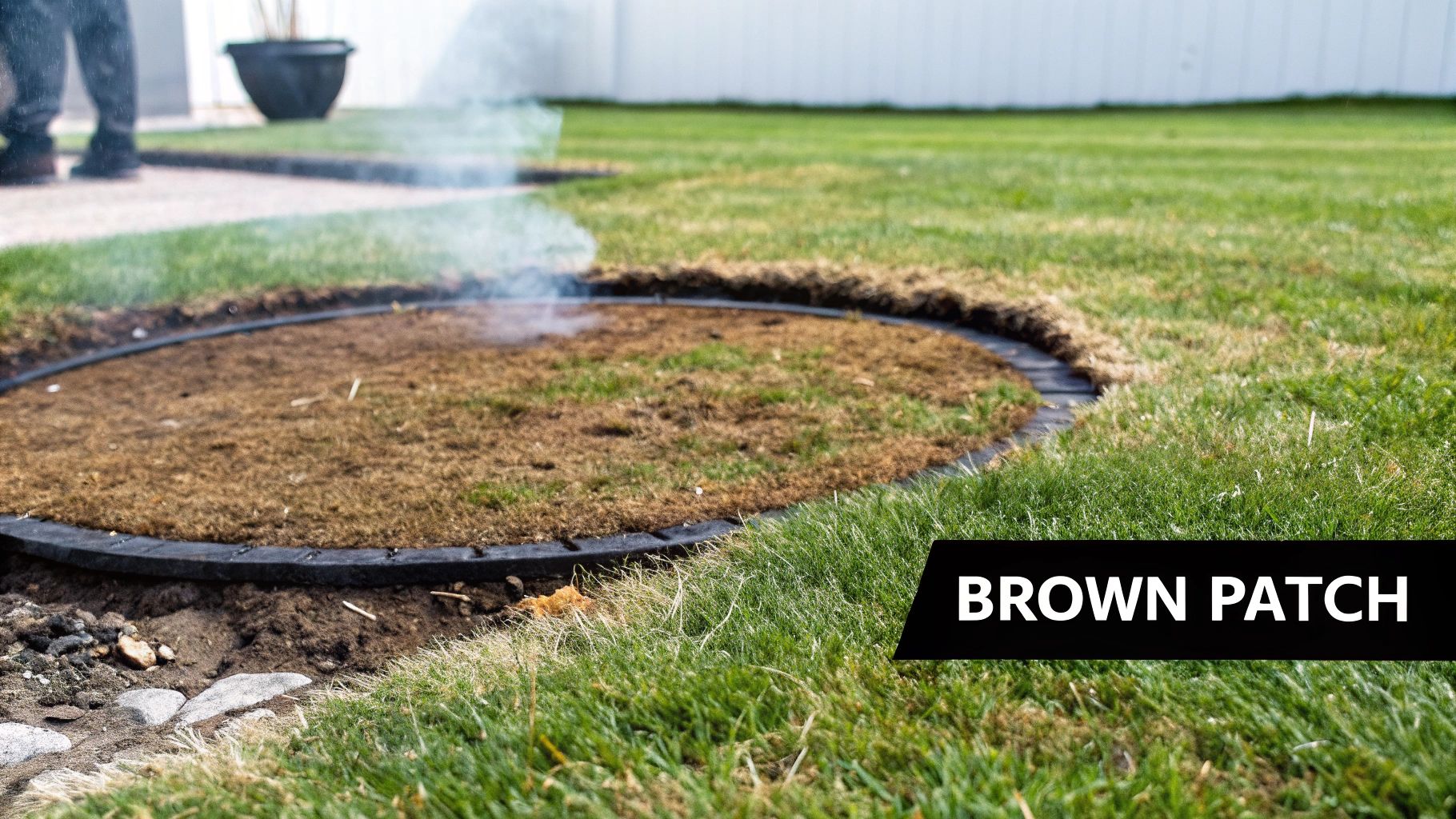 Lawn showing brown patch disease, a common cause of brown spots in grass.