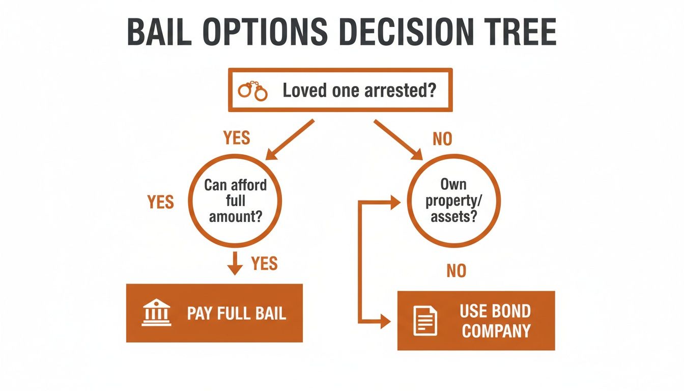A bail options decision tree flowchart guides users on whether to pay full bail or use a bond company.