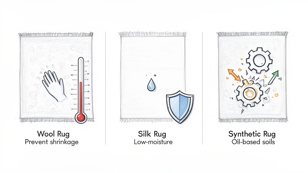 Visual guide showing care considerations for wool (prevent shrinkage), silk (low-moisture), and synthetic rugs (oil-based soils).