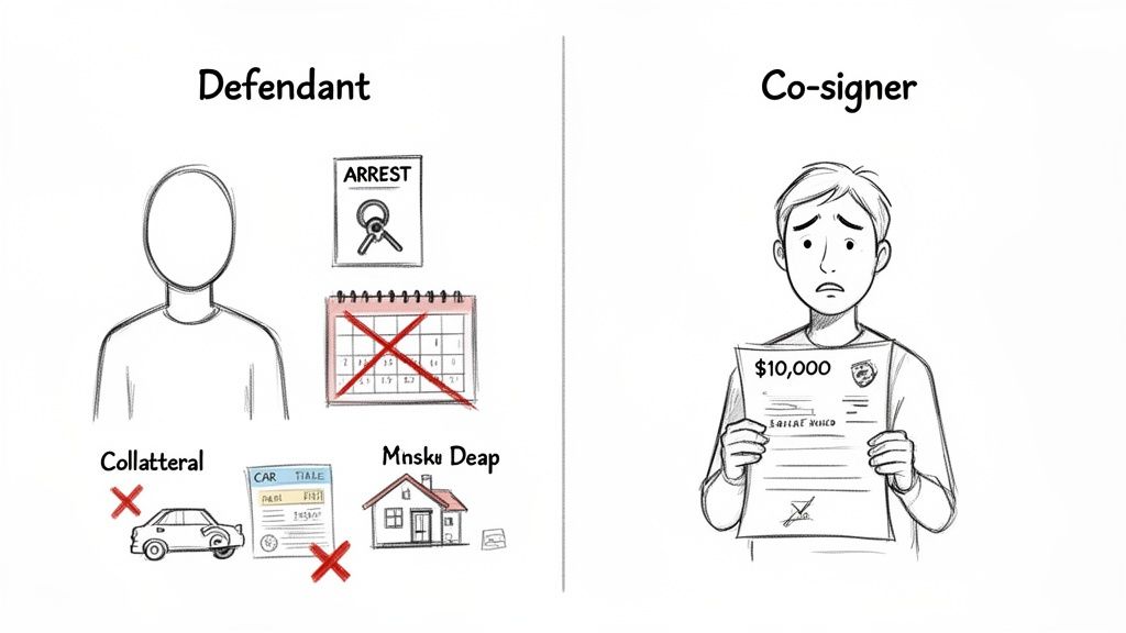 Illustration contrasting a defendant facing arrest and lost collateral with a co-signer liable for bail.