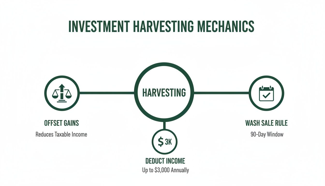 Diagram illustrating investment harvesting mechanics, detailing offsetting gains, income deduction, and the wash sale rule.