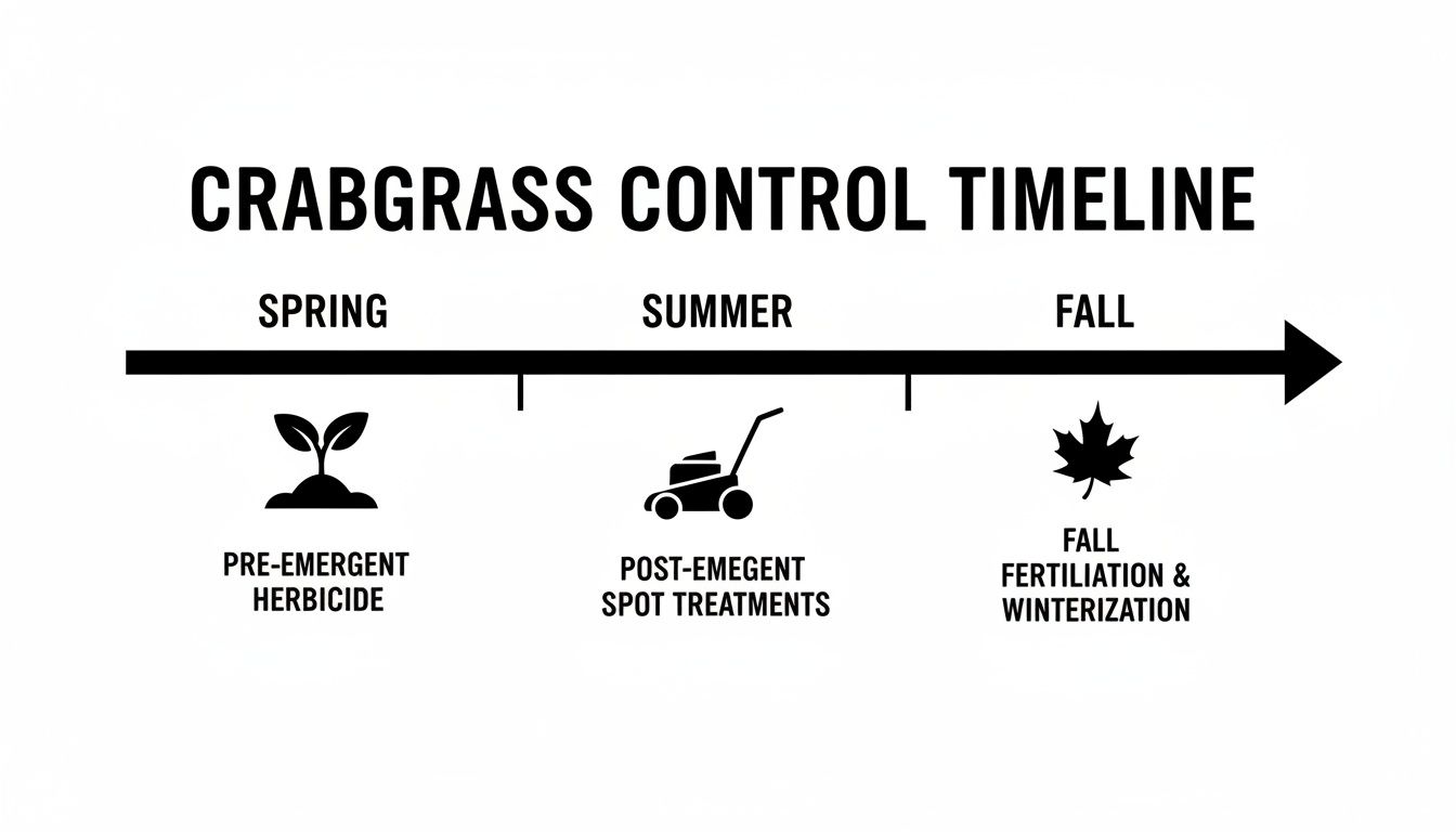 A crabgrass control timeline showing treatments for spring, summer, and fall seasons.