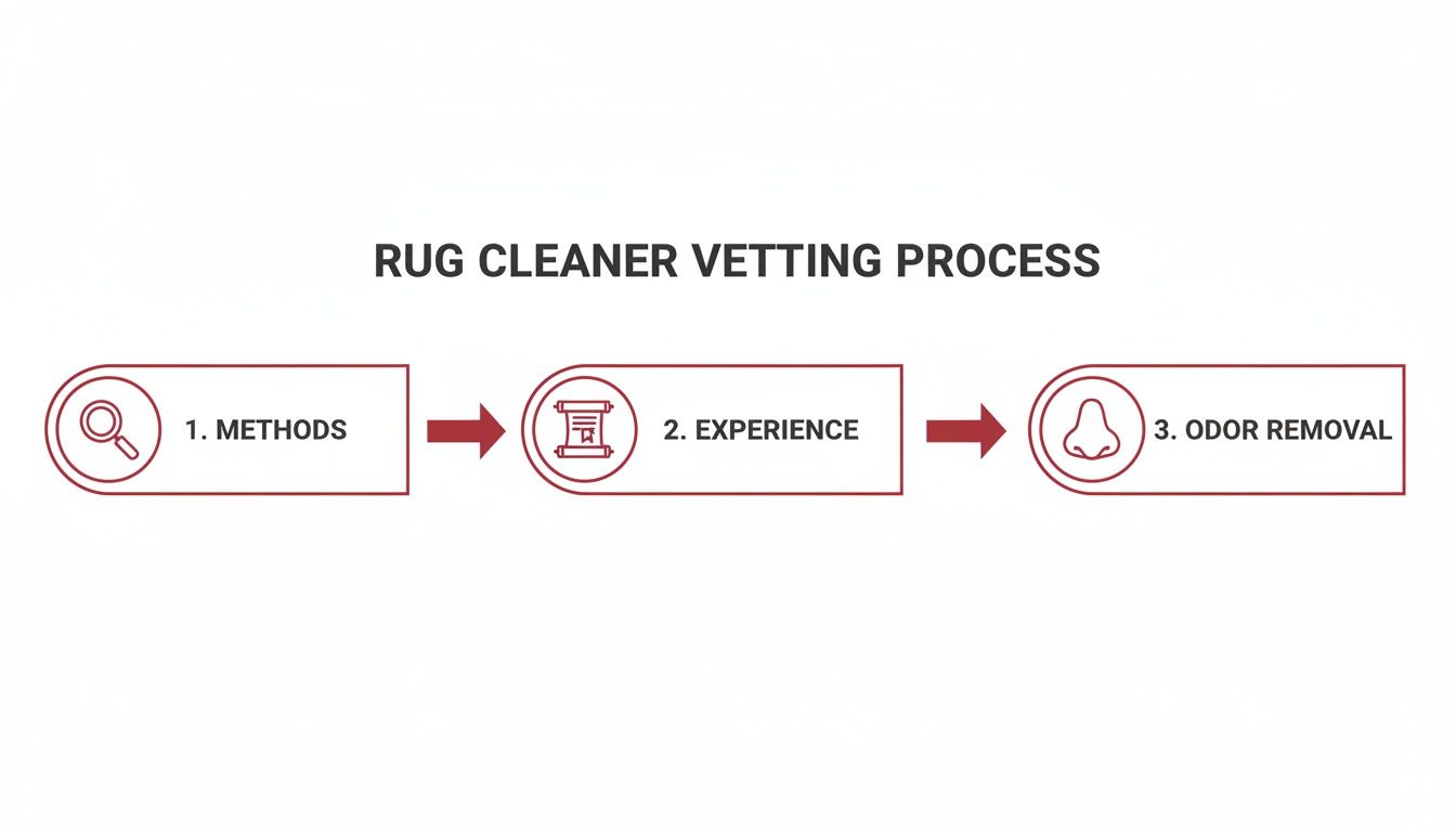 A rug cleaner vetting process infographic outlining three steps: methods, experience, and odor removal.